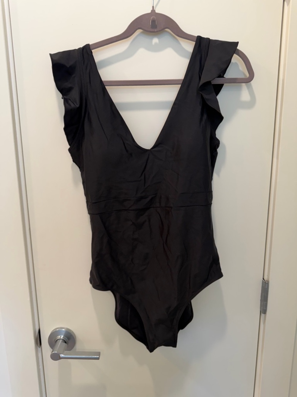 Women’s Black One-Piece Swimsuit with Ruffle Shoulders